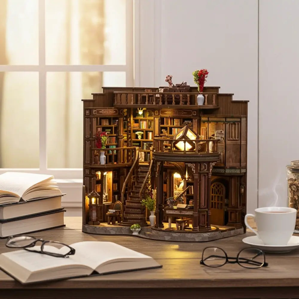 Dreamy book hall miniature with floor-to-ceiling bookshelves and spiral staircase
