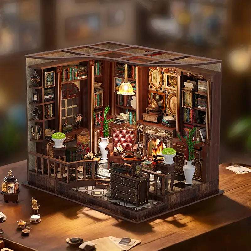 Victorian miniature left bank study dollhouse kit with wooden shelves and red armchair