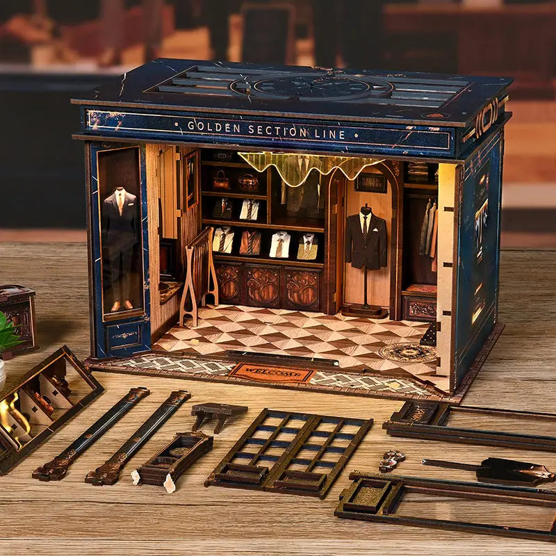 Enchanted Tailor Golden book nook LED lights with vintage store model