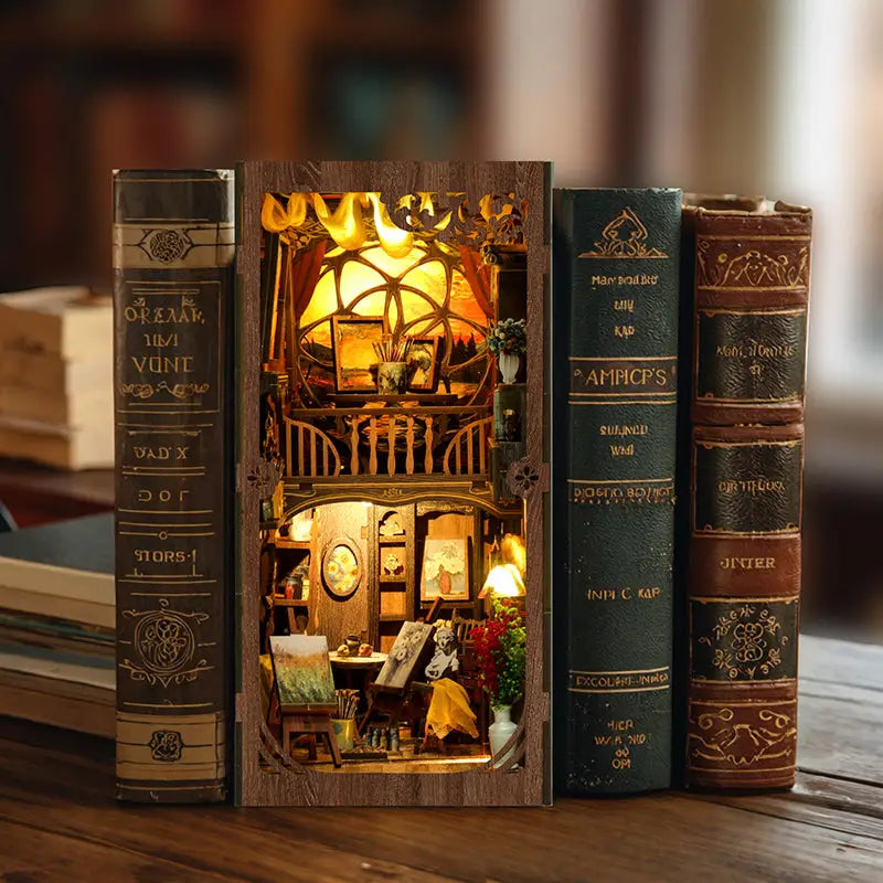 Warmly lit miniature bookshelf world scene in Van Gogh frame