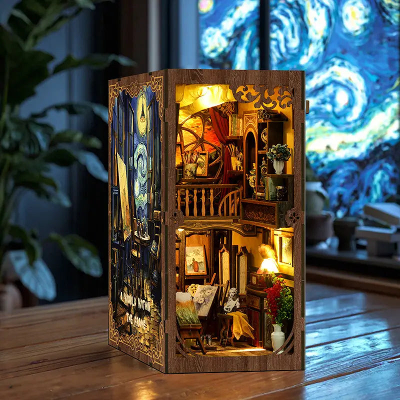Van Gogh starry night miniature dollhouse frame with intricate world scene