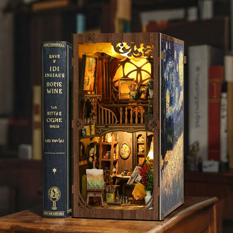 Van Gogh frame with intricate wooden miniature artist’s studio world scene