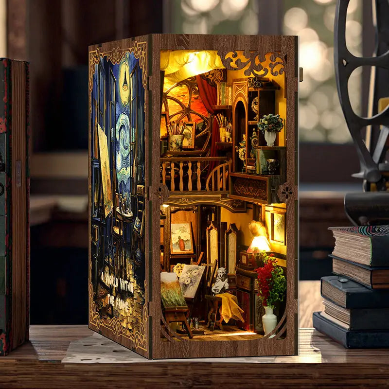 Van Gogh frame with miniature wooden world scene of artists studio