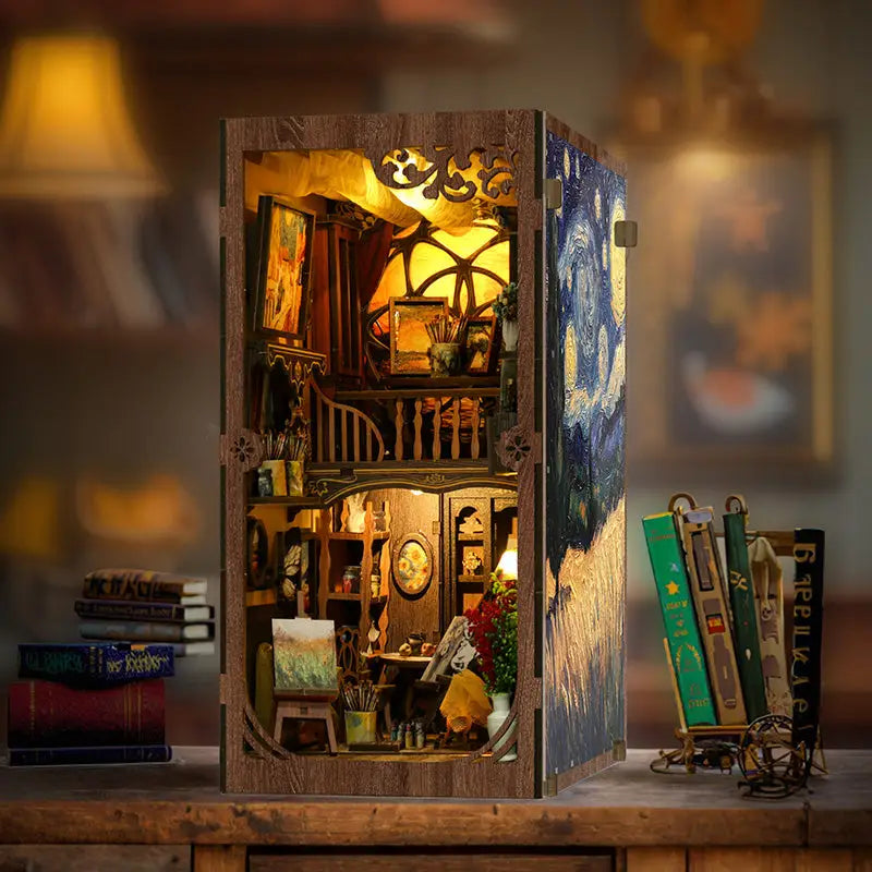 Wooden miniature artists studio diorama world scene in Van Gogh starry night frame