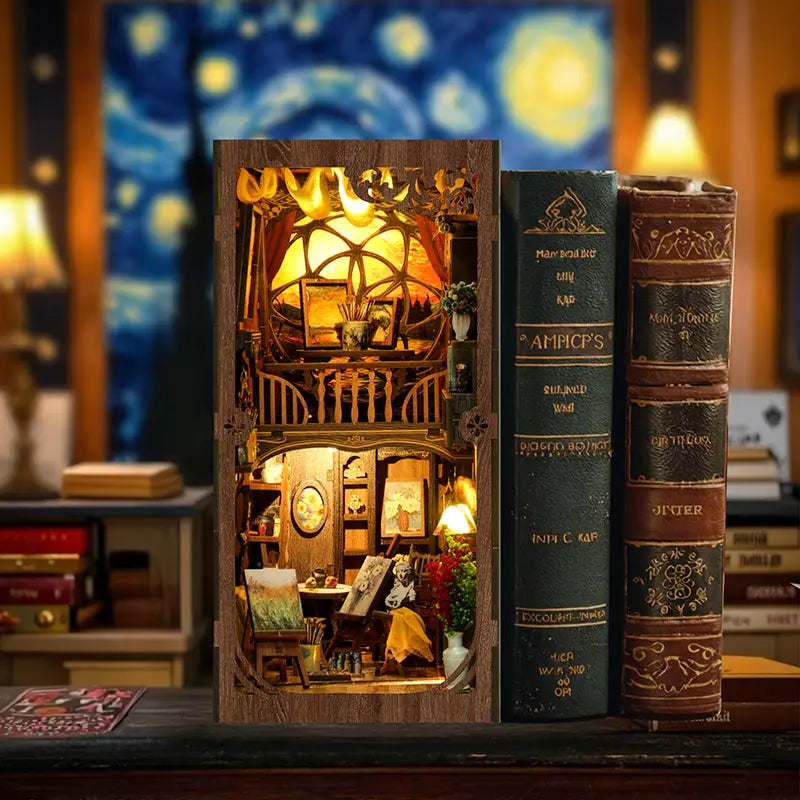 Van Gogh frame with intricate wooden miniature world studio scene