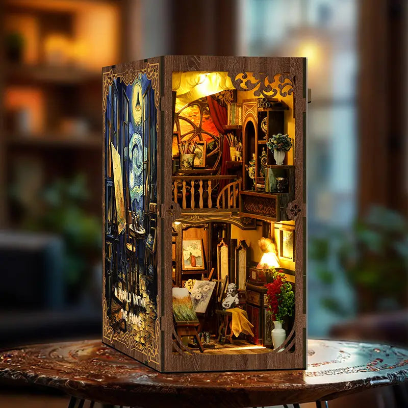 Miniature wooden dollhouse world in Van Gogh starry night frame scene