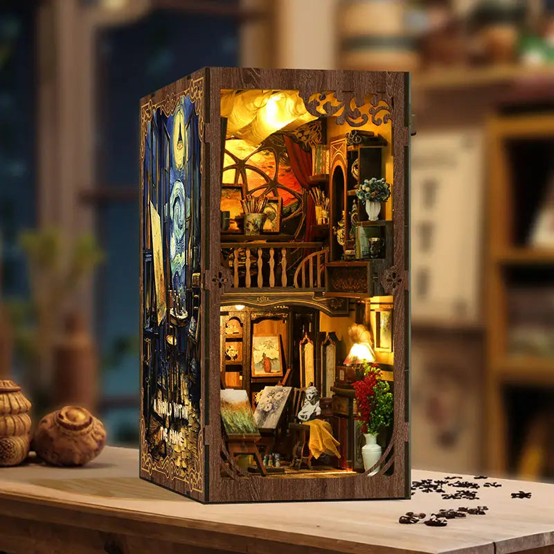 Wooden miniature world scene in Van Gogh starry night frame