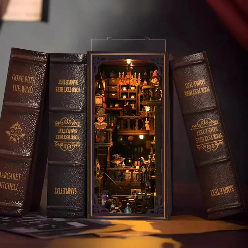 Alchemy Master LED book nook diorama with potion bottles and witch lab