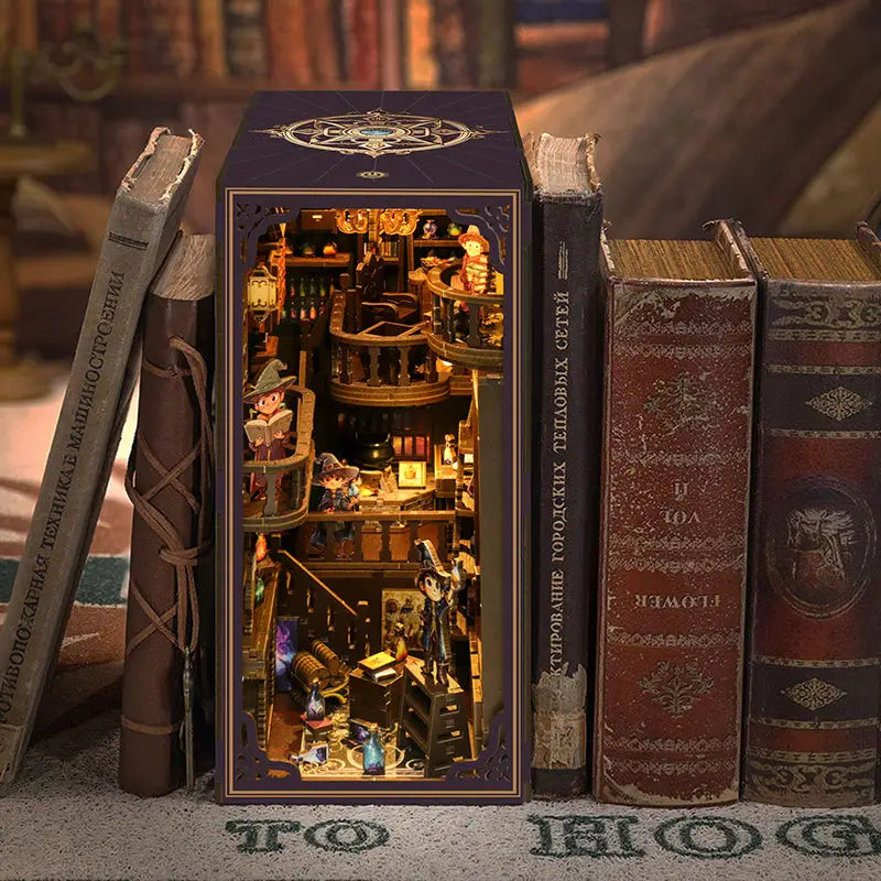 Alchemy Master LED book nook diorama with potion bottles