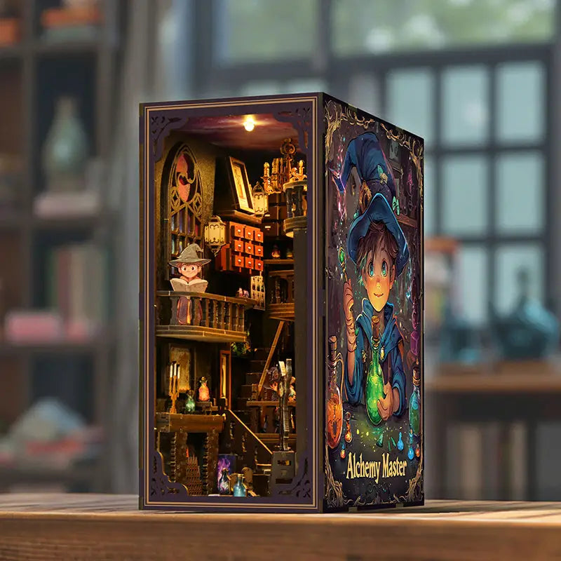 Alchemy master LED book nook diorama with potion bottles and glowing lab