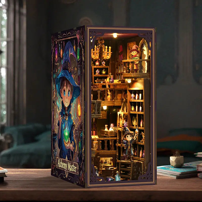 Alchemy master LED book nook with potion bottles diorama