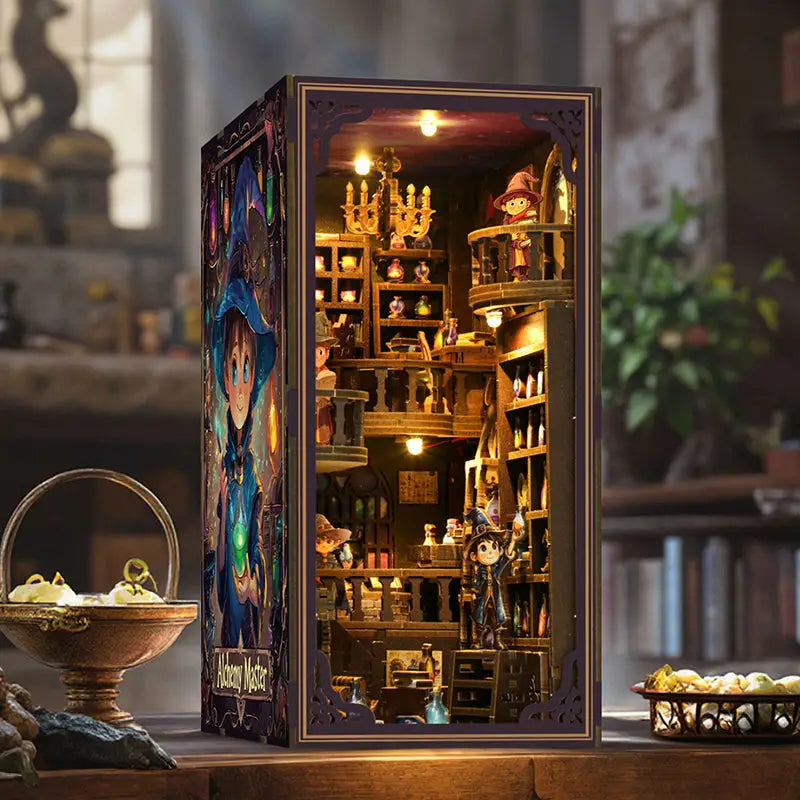 Alchemy master LED book nook diorama with potion bottles