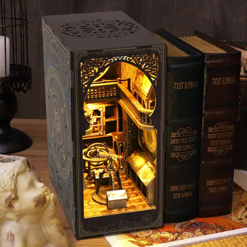 Astronomy museum book nook kit Australia: dark gray ornate light box with bookshelves