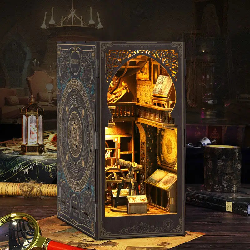 Dark blue engraved wooden book nook kit with glowing astronomy museum shelves, Australia