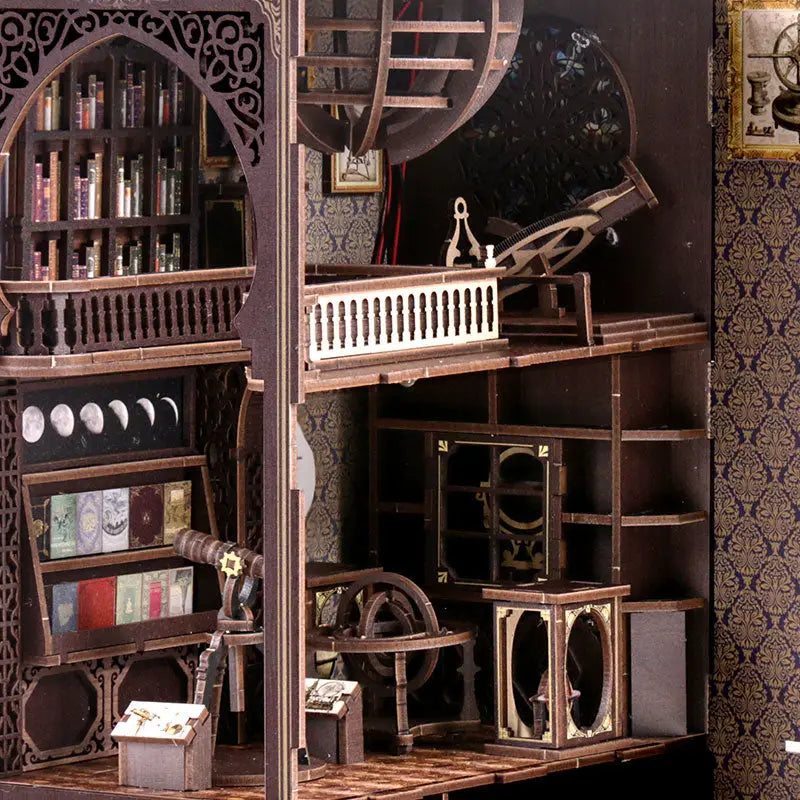 Dark brown Victorian library book nook kit with astronomy museum globes and telescopes, Australia