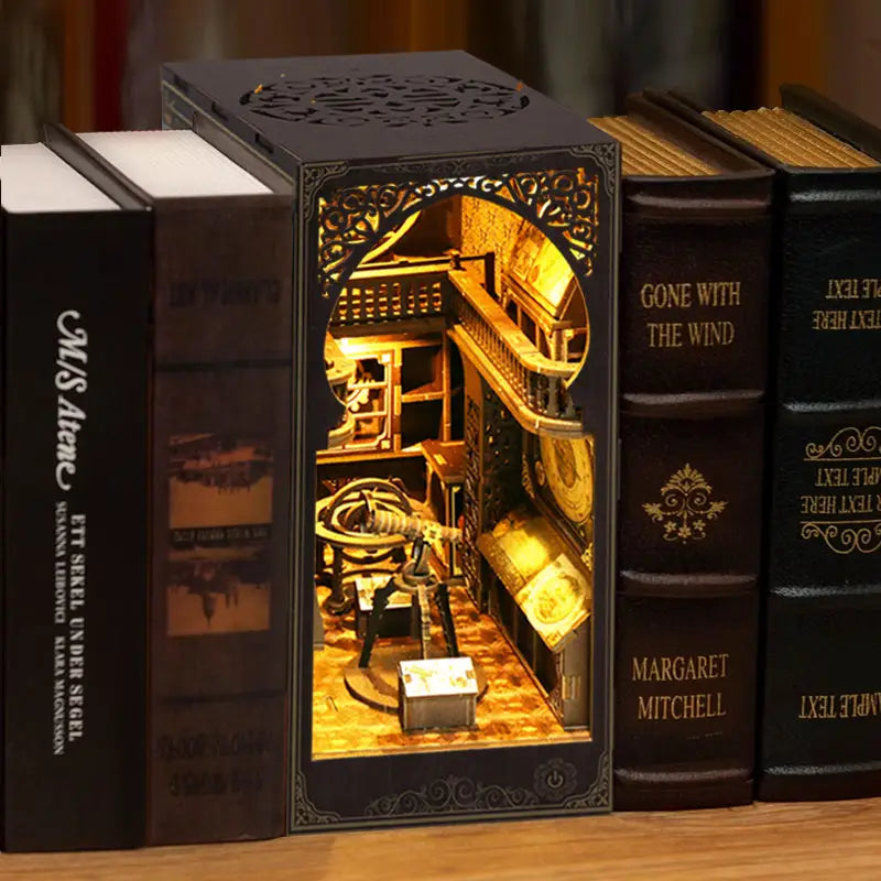Black steampunk book nook kit with astronomy museum lights, Australia