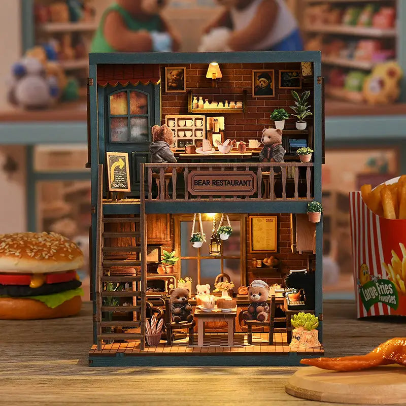Charming bear restaurant book nook with warm LED lighting, Australia