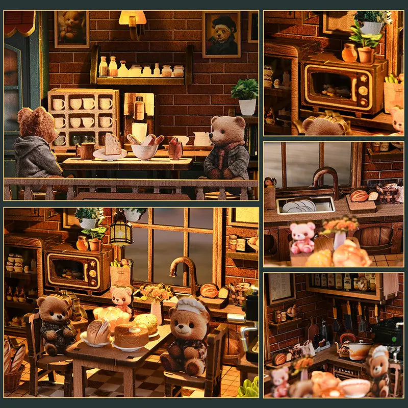 Cozy bear restaurant book nook with warm LED, Australia teddy bears diorama