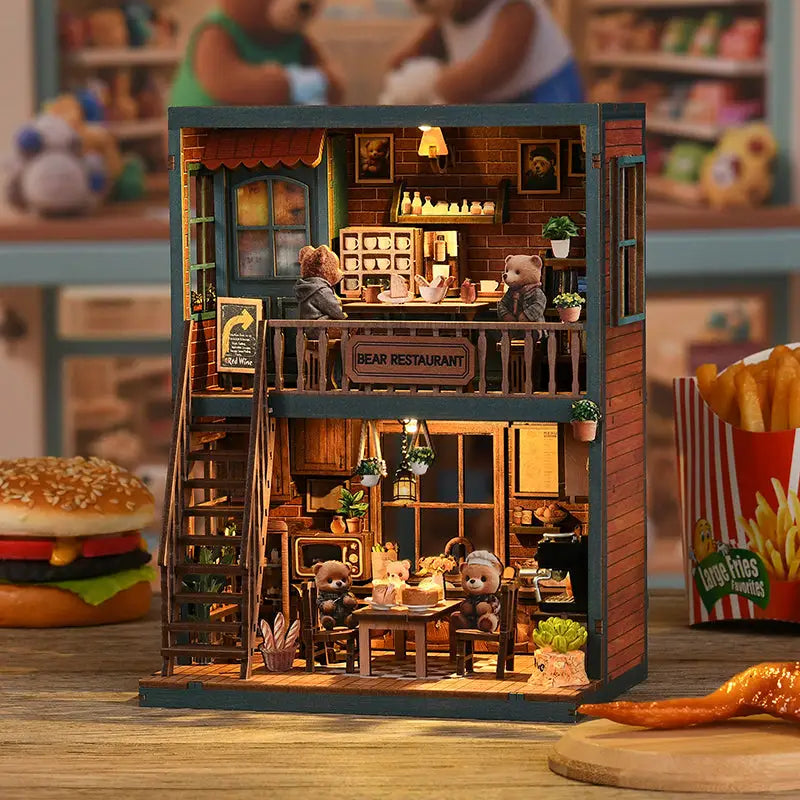 Charming bear restaurant diorama with warm LED lights, Australia style