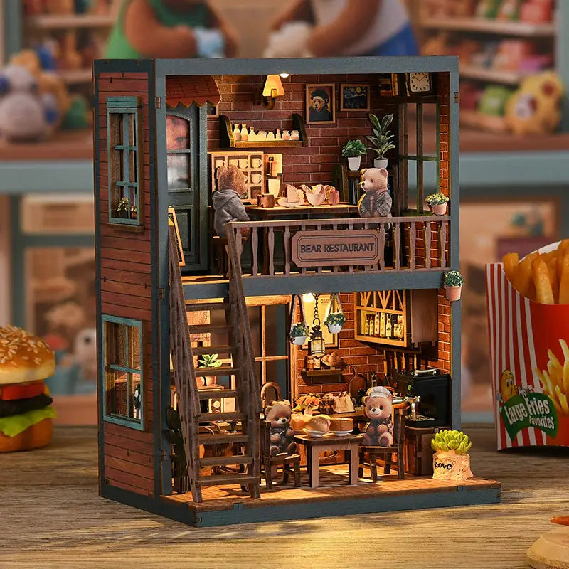 Charming bear restaurant book nook diorama with warm LED lighting, Australia style