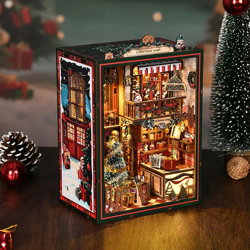 Christmas shop book nook kit with detailed wooden diorama