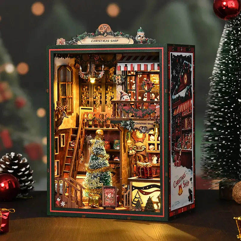 Christmas shop book nook kit diorama with lit wooden interior