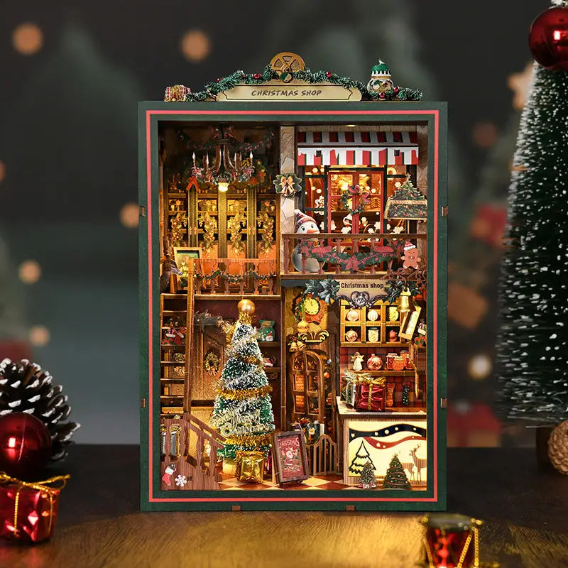 Detailed Christmas shop book nook kit diorama with shelves, tree, and festive decor