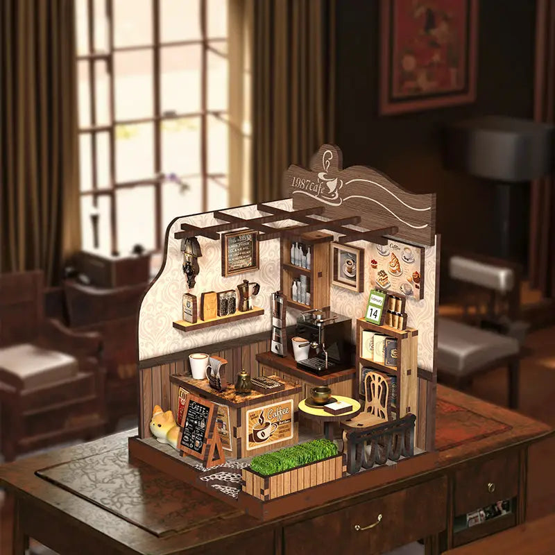 Countryside Coffee House book nook kit: 1987 wooden cafe diorama with shelves and coffee machine