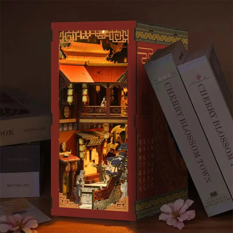 Red Tang Dynasty book nook with illuminated Chinese diorama in Australia
