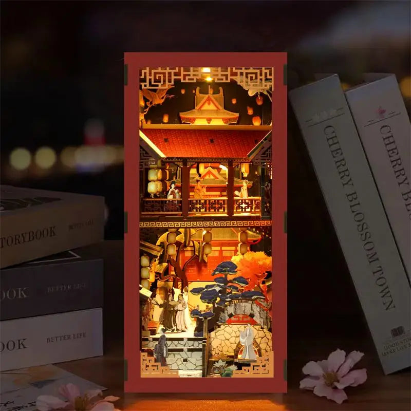 Red-framed Tang Dynasty book nook diorama with Chinese courtyard, lanterns, Australia