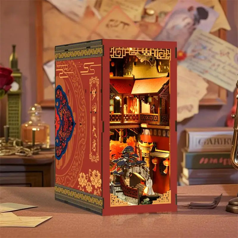 Tang Dynasty book nook diorama with red gold Chinese building and lit interior, Australia