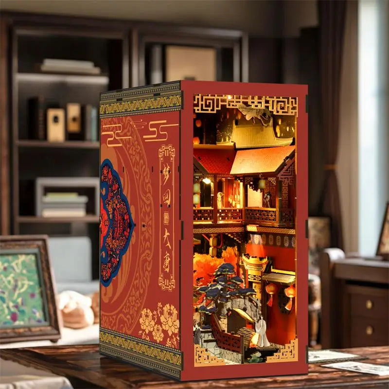 Red Tang Dynasty book nook with gold blue courtyard scene, Australia