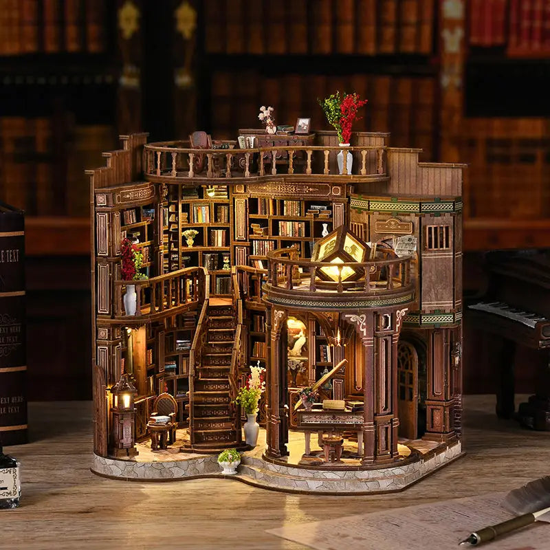 Dreamy book hall miniature with floor-to-ceiling bookshelves and spiral staircase