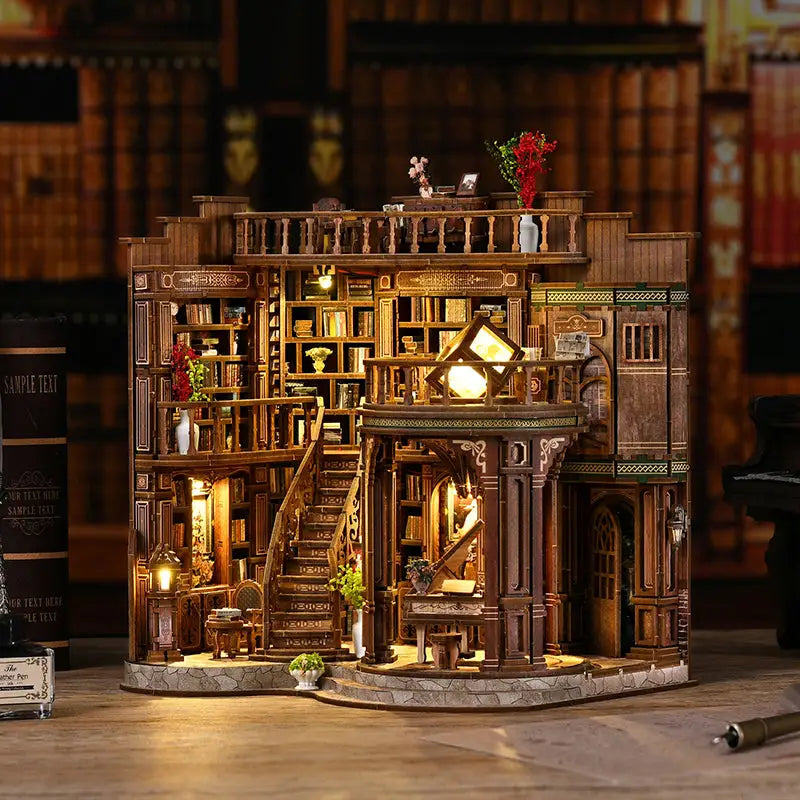 Dreamy book hall model with floor-to-ceiling bookshelves and spiral staircase