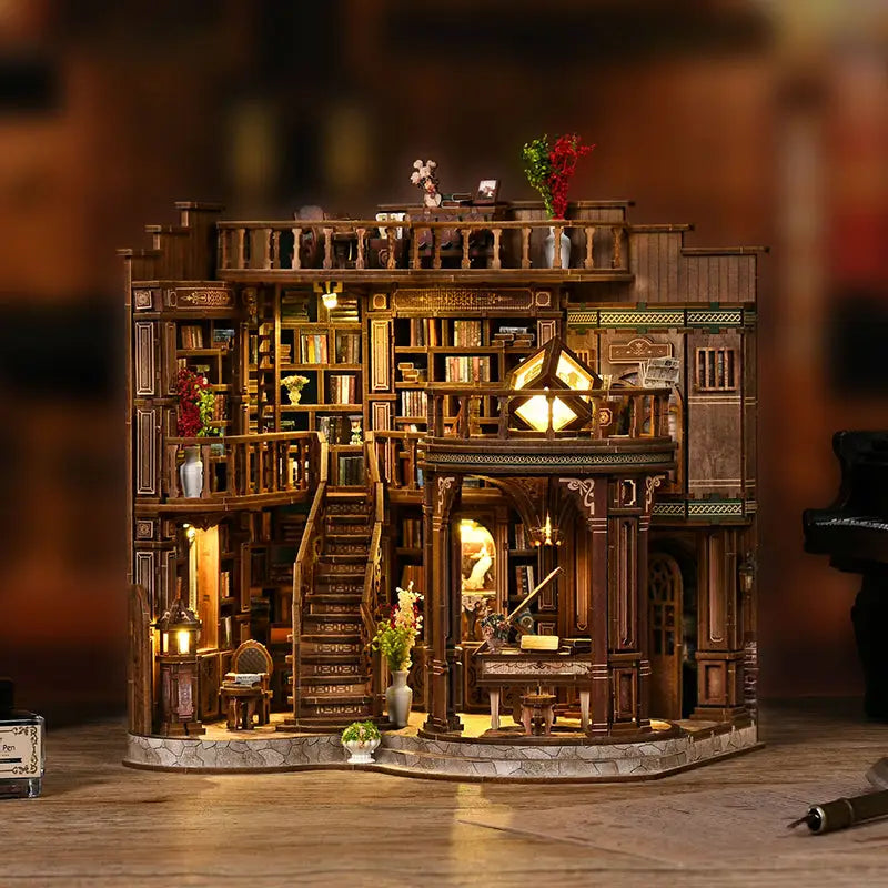 Dreamy book hall miniature with spiral staircase and floor-to-ceiling bookshelves