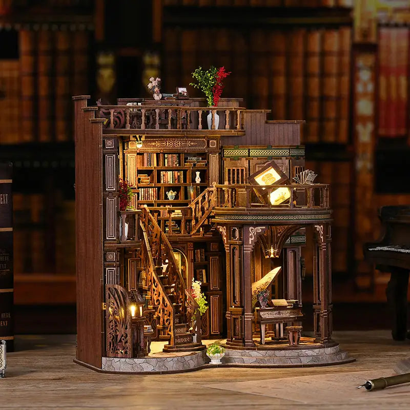Dreamy book hall dollhouse with floor-to-ceiling bookshelves and spiral staircase