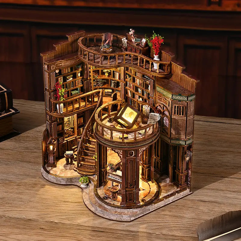 Dreamy book hall miniature with spiral staircase and floor-to-ceiling bookshelves