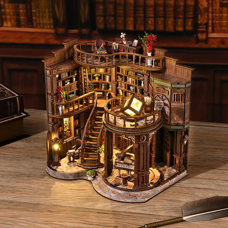 Dreamy book hall diorama with floor-to-ceiling bookshelves and spiral staircase