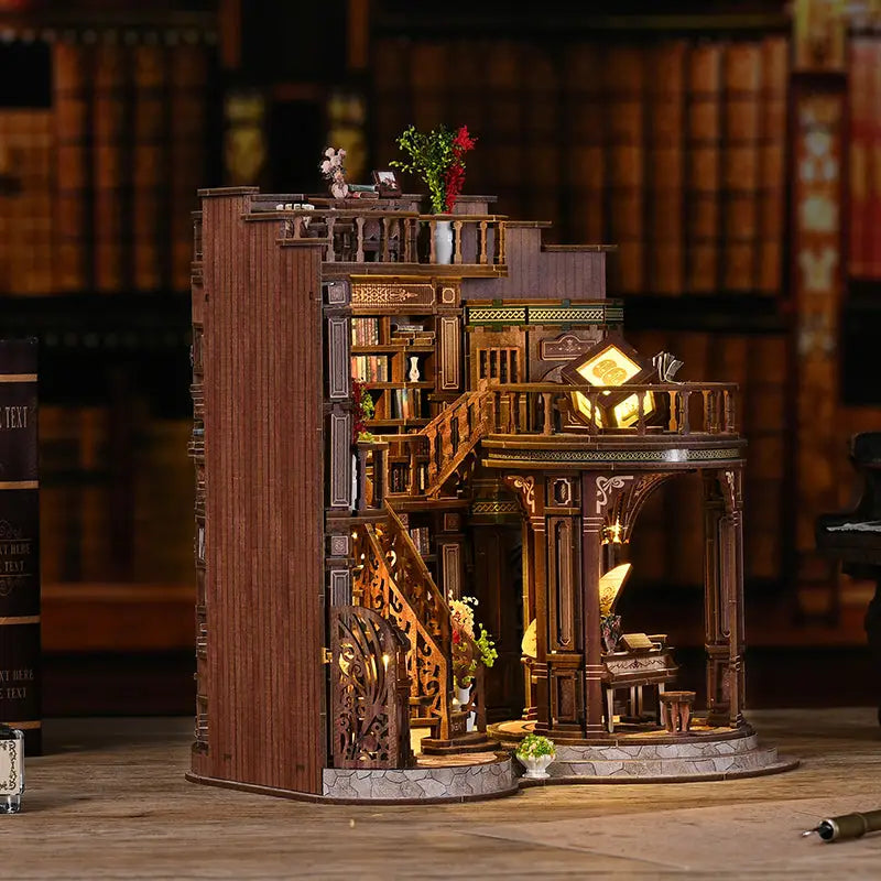 Dreamy book hall miniature with floor-to-ceiling bookshelves