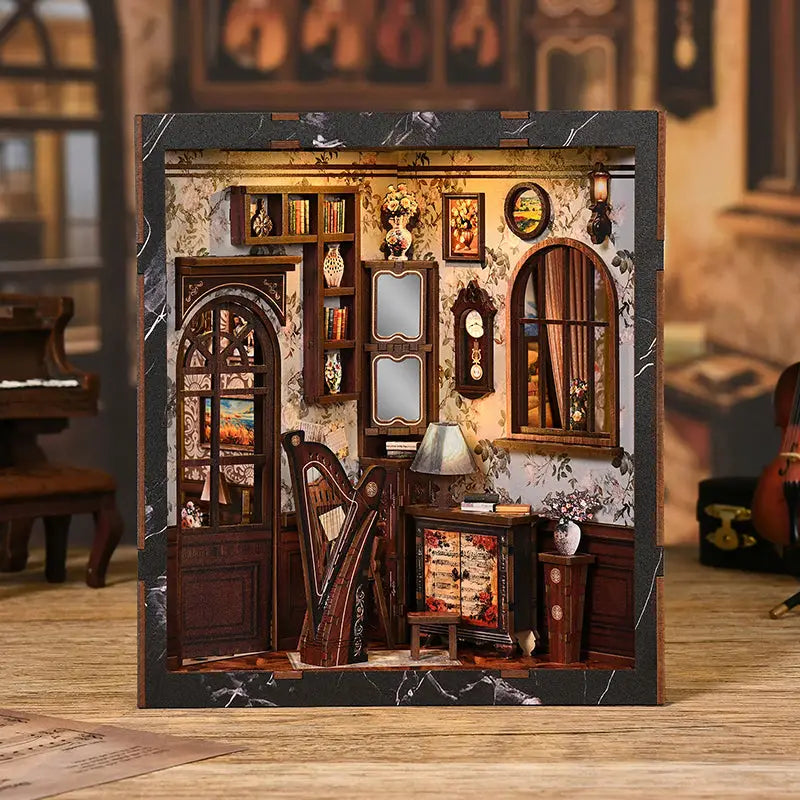 European melody book nook with grand piano in vintage dollhouse interior