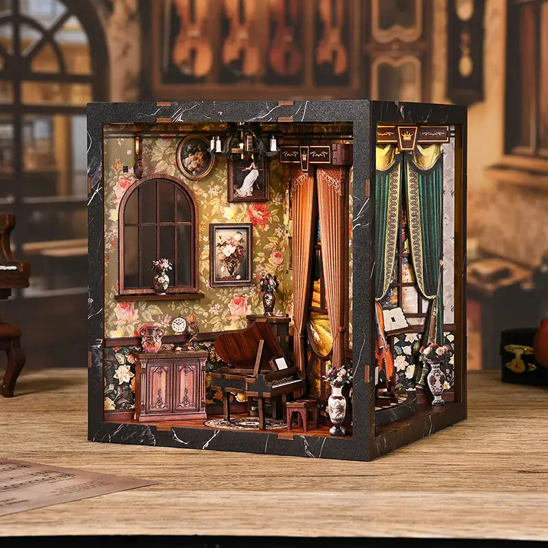 European Melody book nook with grand piano and floral dollhouse details