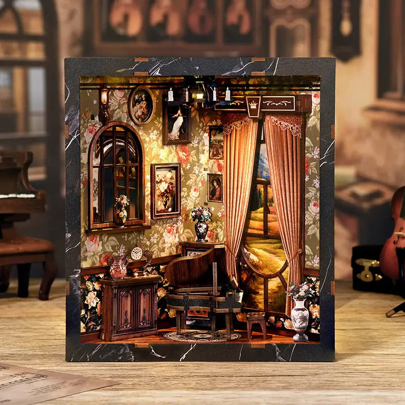 European Melody book nook with grand piano and floral dollhouse room