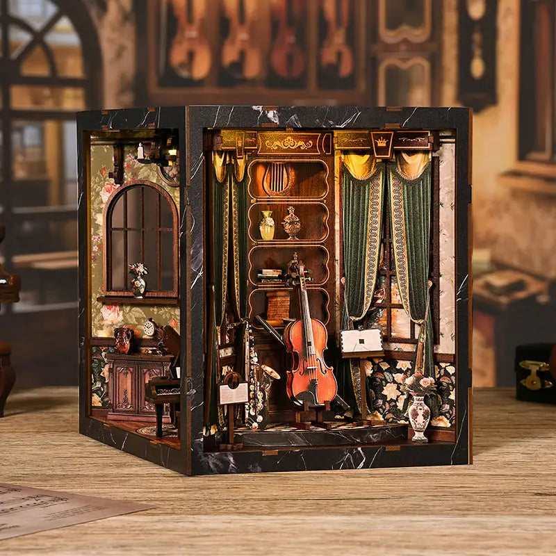European Melody book nook diorama with grand piano and violin