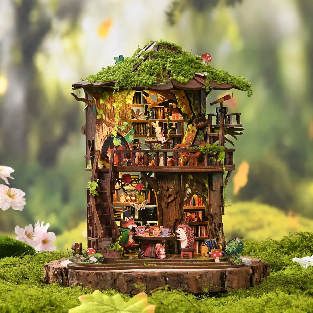 A whimsical two-story wooden forest tea book club miniature treehouse with moss roof and tiny figurines with led lighting