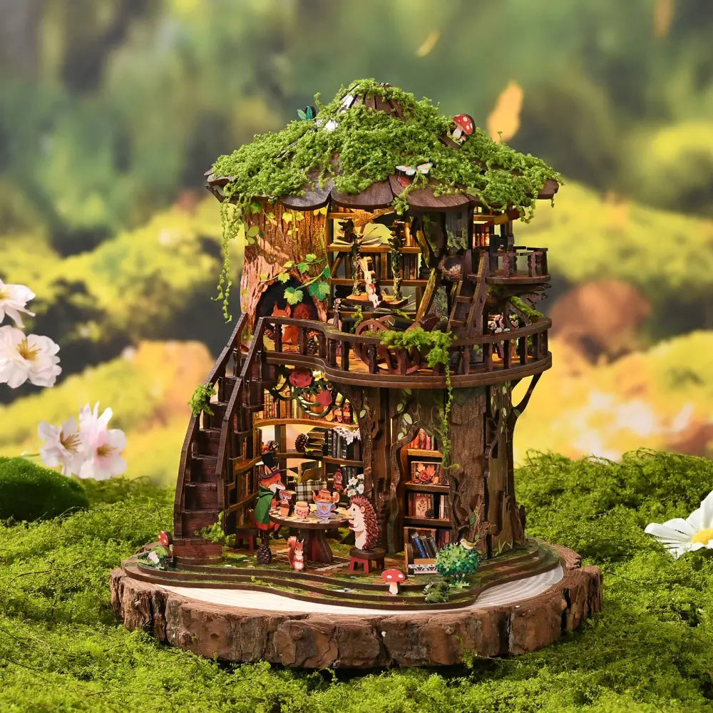 Whimsical forest tea book club treehouse dollhouse with moss roof wooden structure and led lighting mini book nook kit