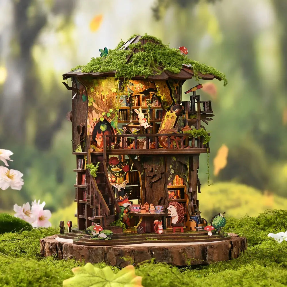 Detailed wooden forest tea book club treehouse miniature with moss roof and LED lighting for tea book club fans