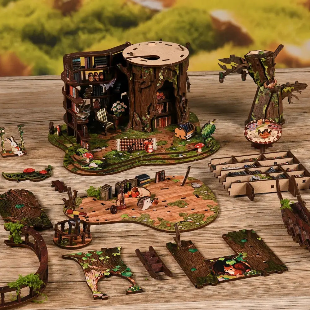 Wooden forest tea book club diy miniature book nook kit with intricate treehouse puzzle and led lighting details