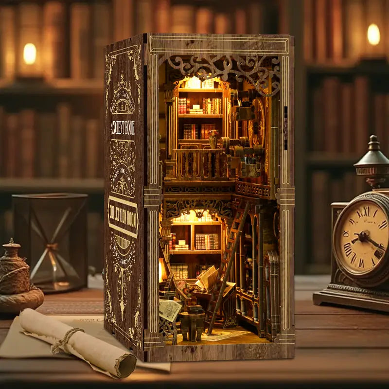 Golden century antique book collection nook with carved wooden diorama
