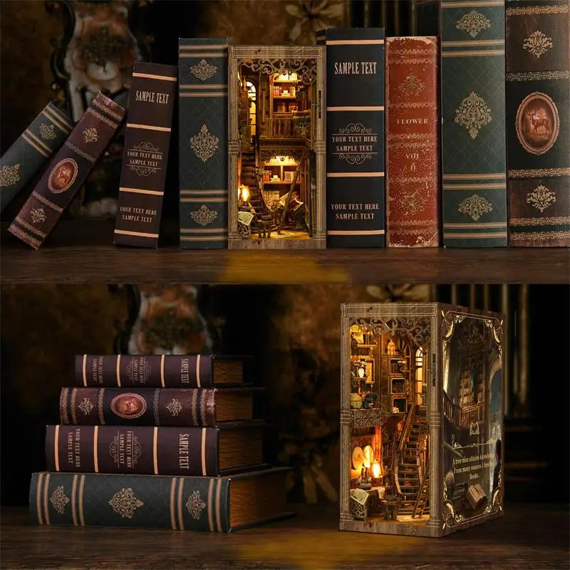 Golden century antique book collection nook with illuminated mini library diorama