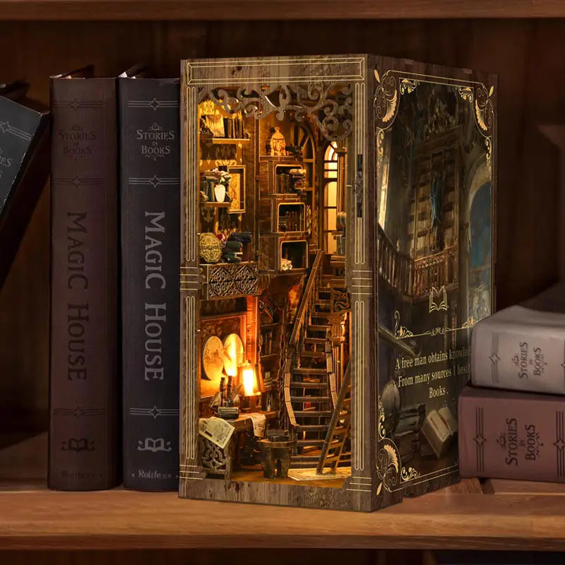 Golden century antique book collection nook with intricate wooden bookshelf house and warm lighting